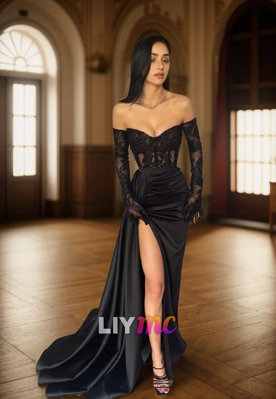 LP2028 - V-Neck Long Sleeves Lace Appliques High Slit Sexy Prom Dress