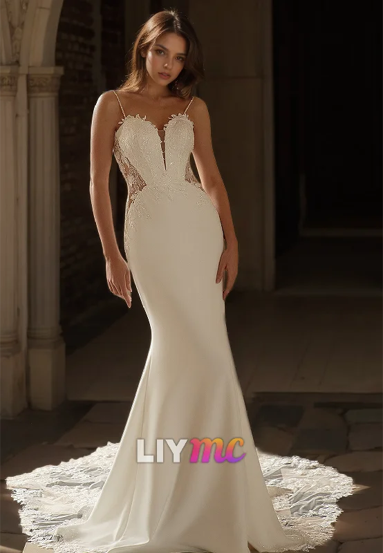 V-Neck Spaghetti Straps Appliques Sleek Mermaid Wedding Dress