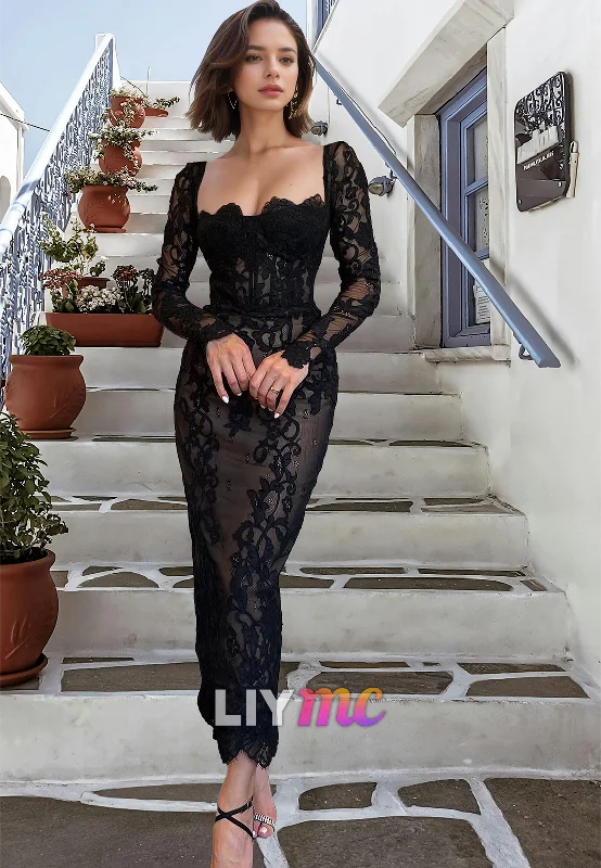 LP319 - Sheath/Column Square Neck Long Sleeves Lace Long Prom Evening Dress