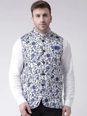 M33 Blue And White Flower Printed Nehru Jacket, Size (Size (38 to 42)