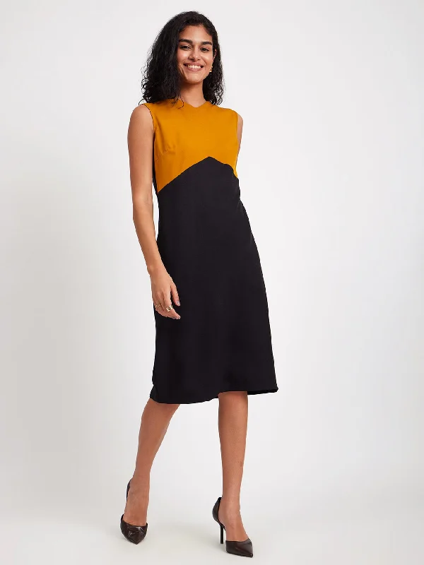 Colour Block V Neck Dress - Mustard And Black