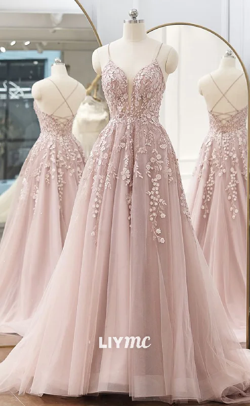 LP1870 - A-line V Neck Spaghetti Straps Sweep Train Tulle Prom Dress With Appliqued Beading