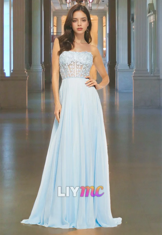 Strapless Sleeveless Appliques Pleated A-Line Prom Dress