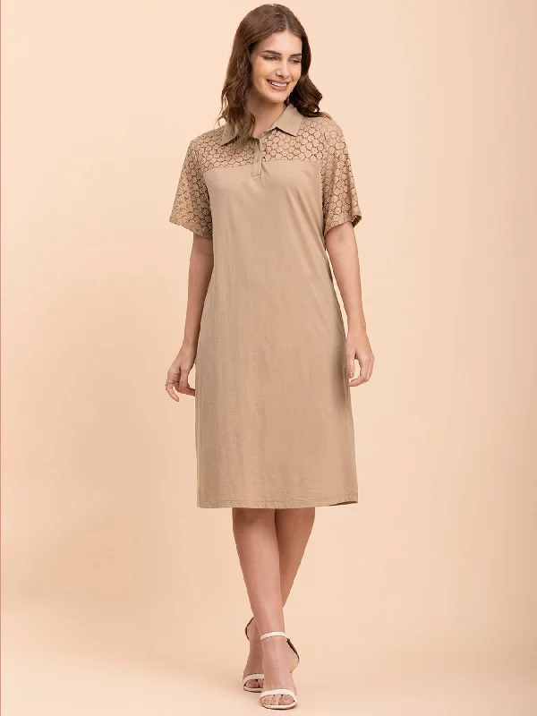 Lace Detail Shift Dress - Beige