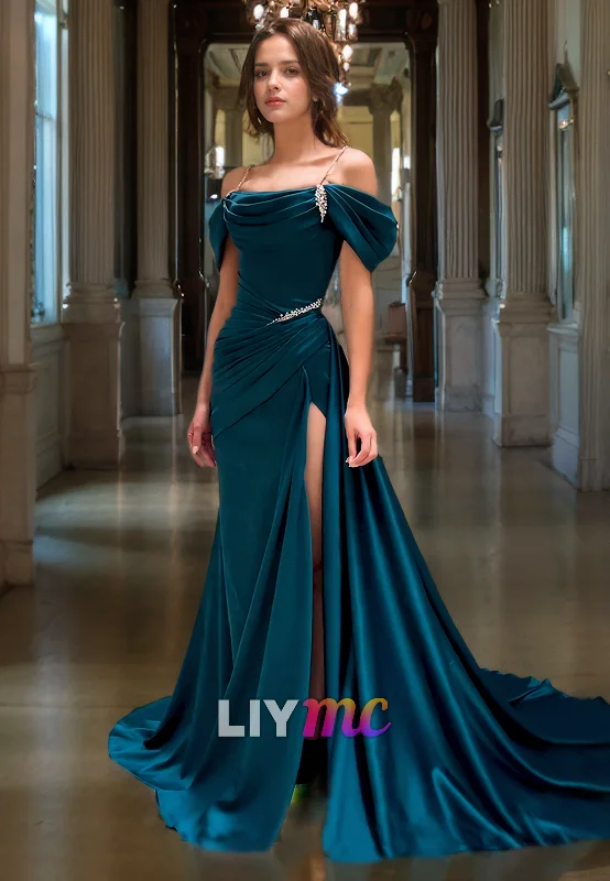 LP595 - Mermaid/Trumpet Off Shoulder Pleated Satin Long Prom Evening Dress With Slit