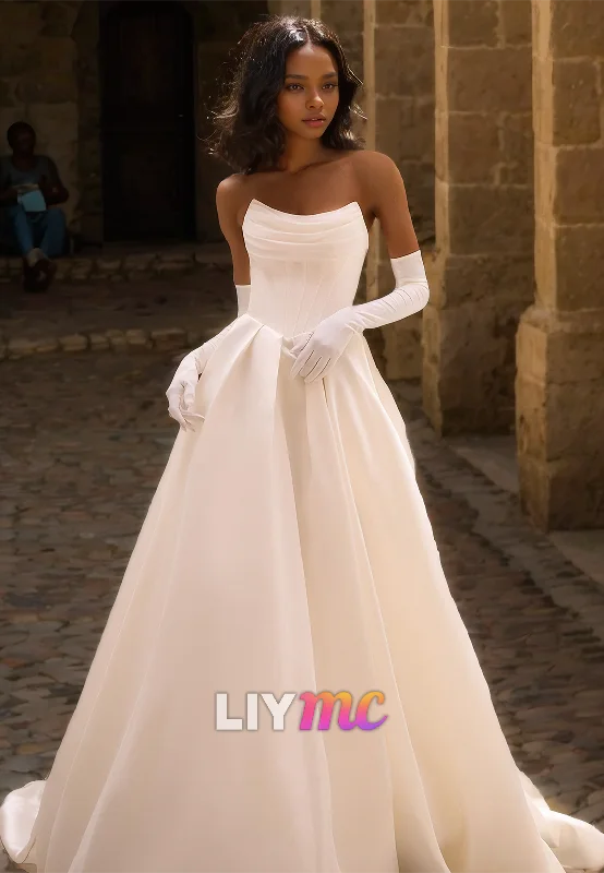 Off-Shoulder Strapless Pleated Satin A-Line Wedding Dress