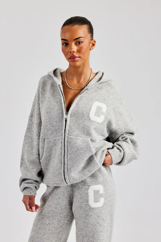 Knitted Zip Through Hoodie - Light Grey