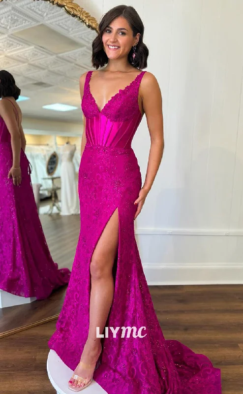 LP2064 - V-Neck Sleeveless Appliques Side Slit Sexy Prom Dress