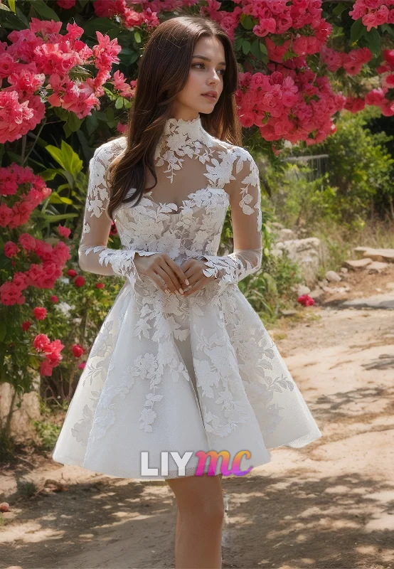 High Neck Long Sleeves Lace Appliques Pleated Short A-Line Wedding Dress