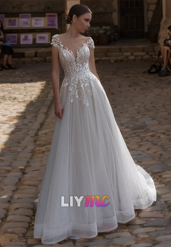 V-Neck Cap Sleeves Lace Appliques Tulle Ball Gown Weddding Dress