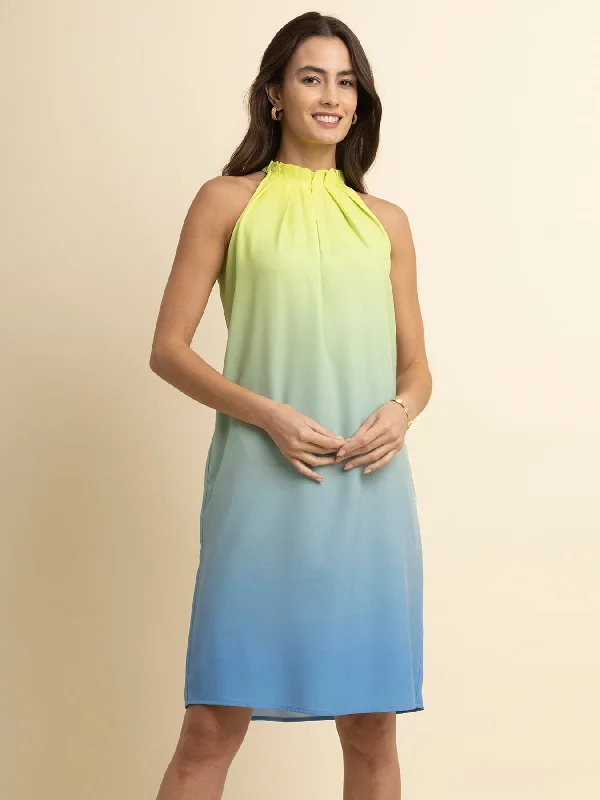 Box Pleat Ombre Dress - Green and Blue