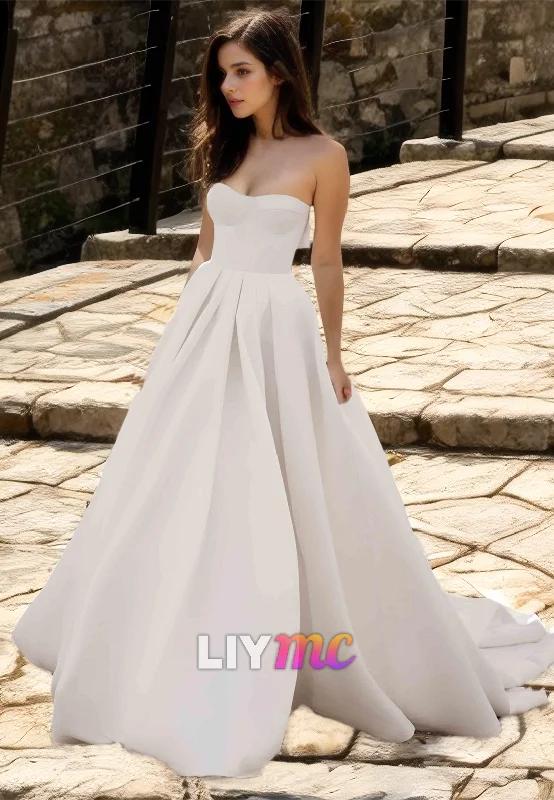 Semi-Sweetheart Sleeveless Pleated Satin A-Line Wedding Dress