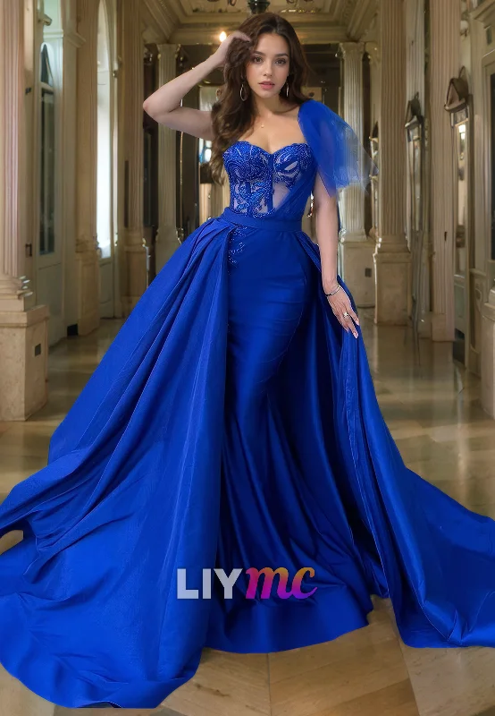 LP792 - One Shoulder Appliques Overskirt Mermaid Long Formal Prom Dress