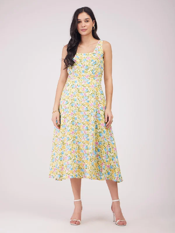 Fit And Flare Floral Dress - Yellow