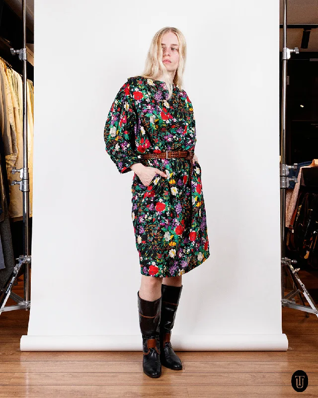 Late 1970s Ungaro Floral Silk Dress L