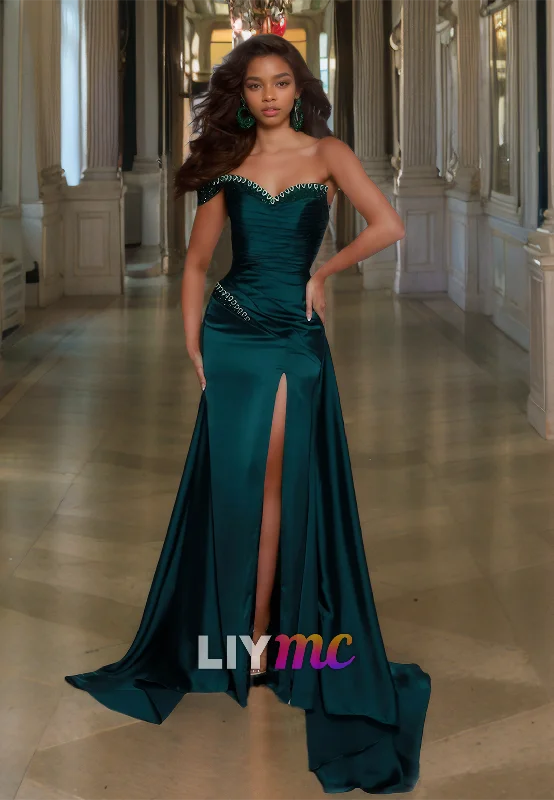 V-Neck Strapless Beaded Sleek Mermaid Side Slit Prom Dress