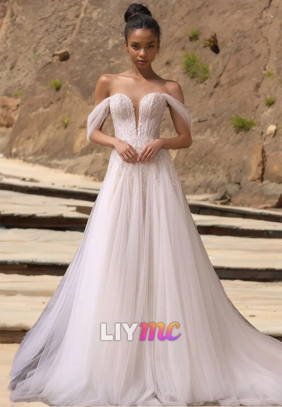 Off-Shoulder Strapless Appliques Tulle A-Line Wedding Dress