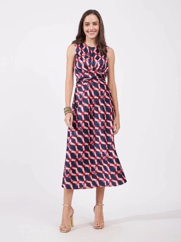 Satin Geometric Print Dress - Multicolour