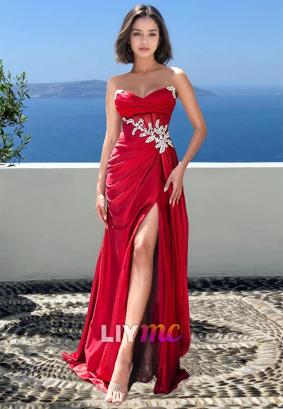 Sweetheart Sleeveless Beaded Pleated Side Slit Sheath Prom Dress