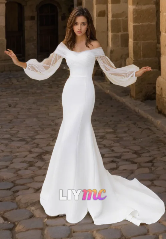 Off-Shoulder Long Sleeves Strapless Sleek Mermaid Wedding Dress