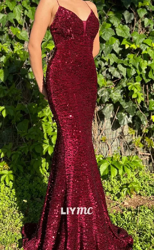 LP2174 - V-Neck Spaghetti Straps Sequins Sparkly Mermaid Prom Dress