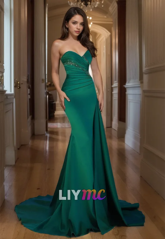 V-Neck Sleeveless Pleated Ruched Sleek Mermaid Prom Dress