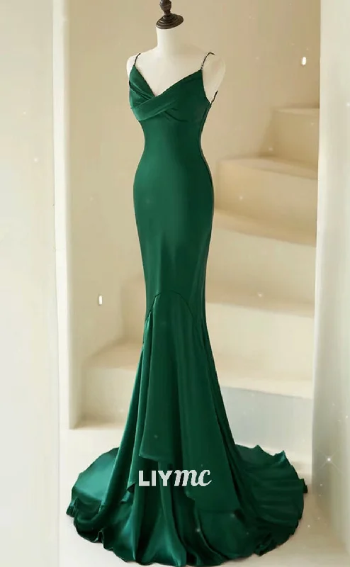 LP1898 - Mermaid V Neck Satin Green Long Prom Dress, Green Satin Long Formal Dress