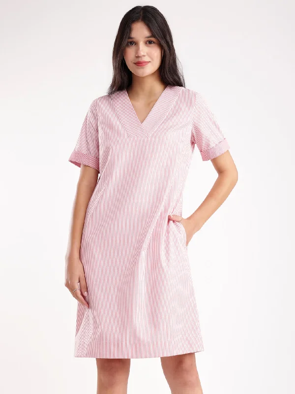 Cotton Striped Shift Dress - Red And White