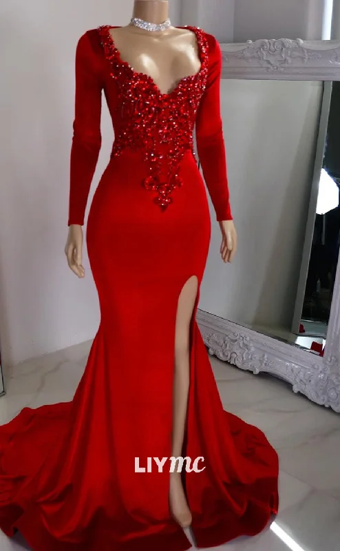 LP2213 - V-Neck Long Sleeves Beaded High Slit Sleek Prom Dress for Black Girls