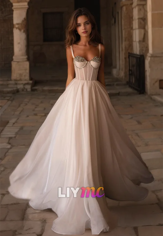 Sweetheart Straps Beaded Pleated A-Line Wedding Dress