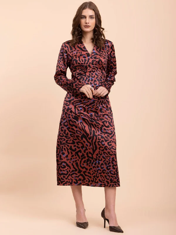 Satin Animal Print Shift Dress - Multicolour