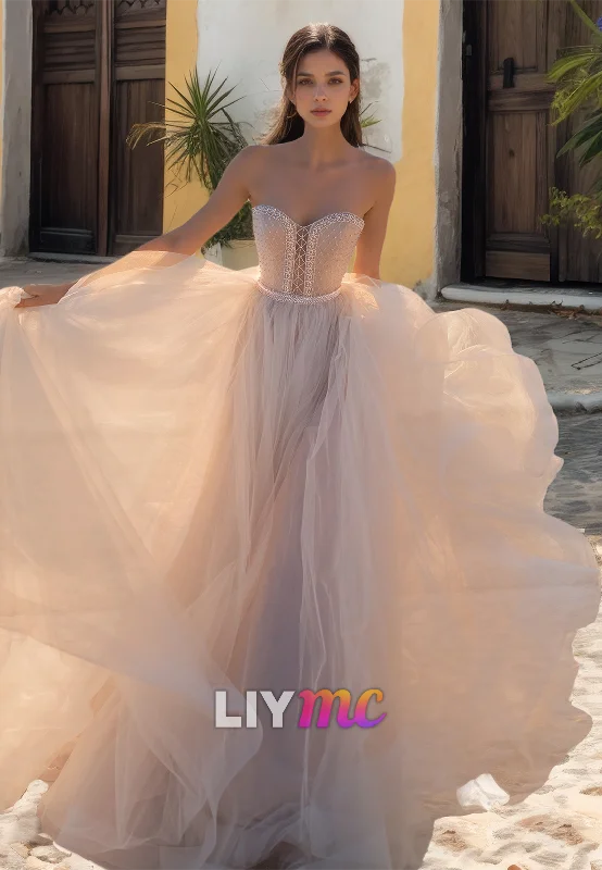 Sweetheart Strapless Tulle A-Line Boho Wedding Dress