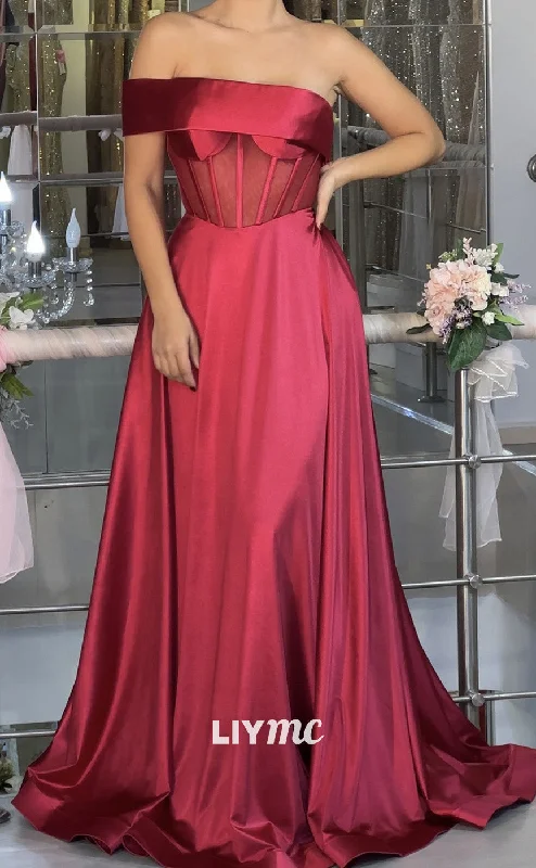 LP1976 - Asymmetrical Straps A-Line Pleated Sleek Satin Prom Dress