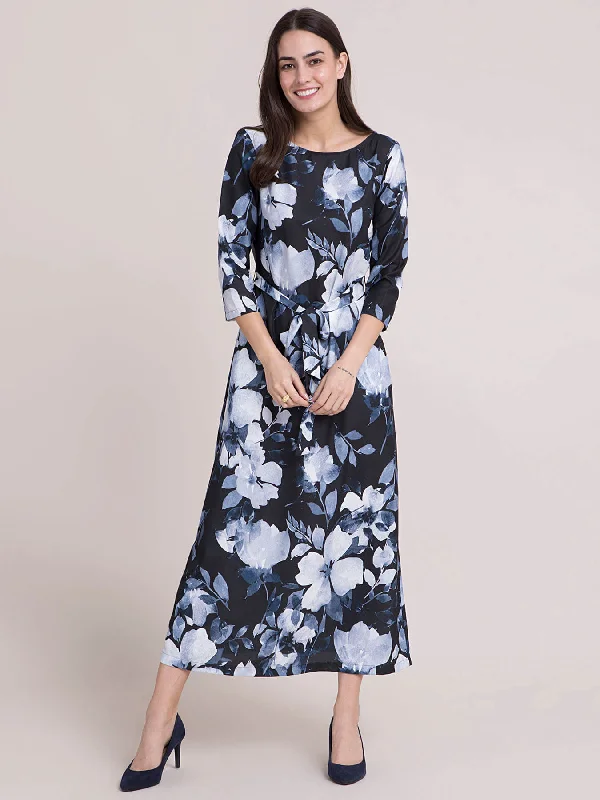 Boat Neck Floral A Line Dress - Black and Navy Blue