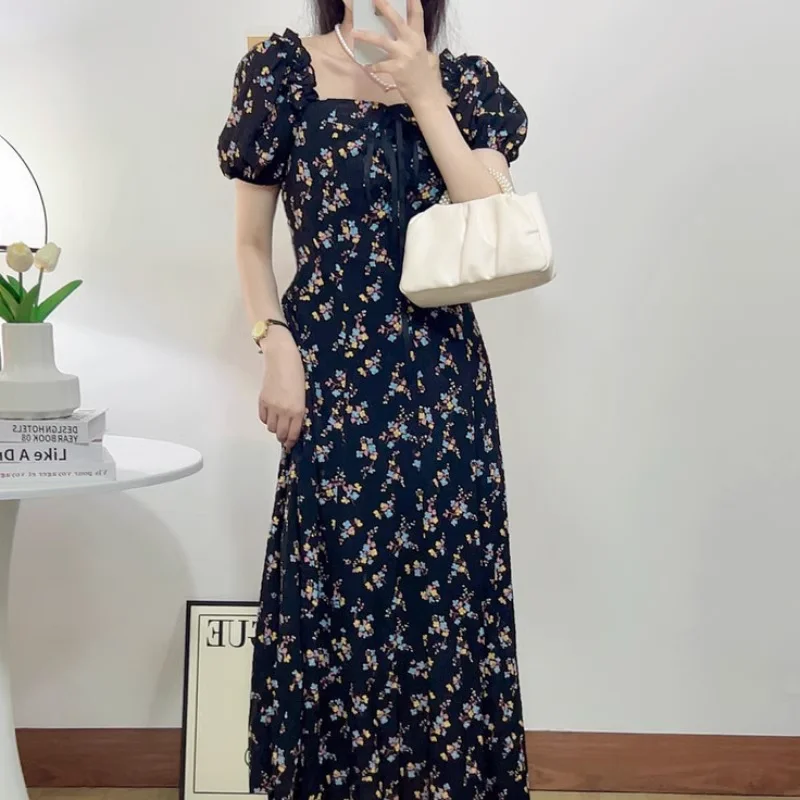 Plus Size Square Neck Floral Korean Midi Dress