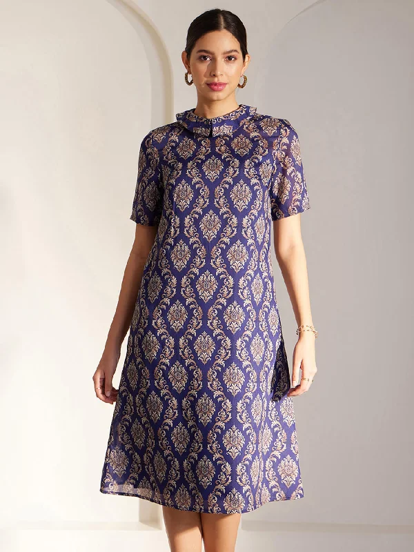 Chanderi Indian Motifs Dress - Blue