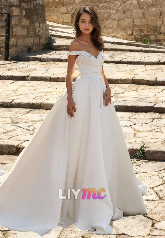 Off-Shoulder Strapless Beaded Pleated Sleek Satin A-Line Wedding Dress