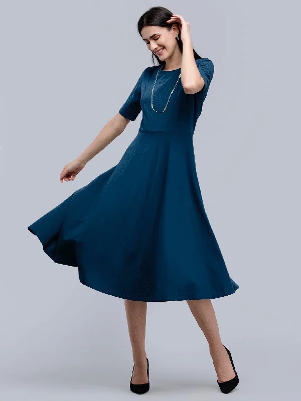 Cotton Round Neck Knitted Fit And Flare Dress - Blue