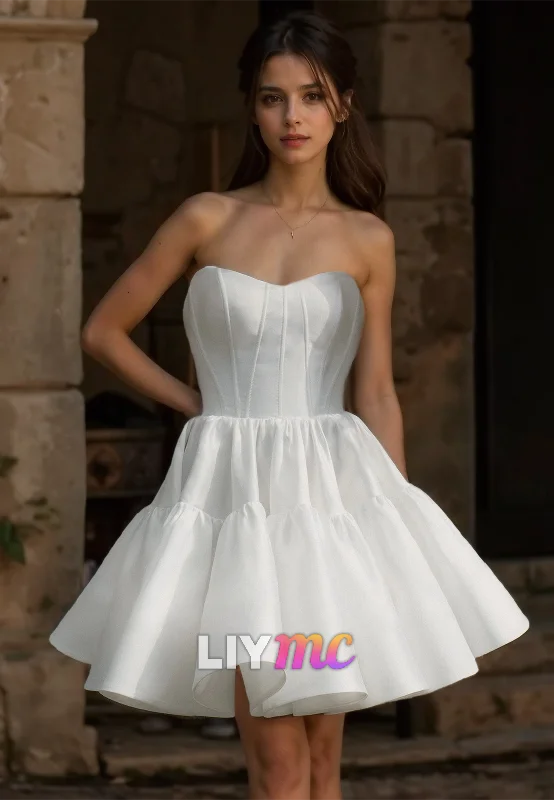 Sweetheart Strapless Pleated Sleek Satin A-Line Short Beach Wedding Dress