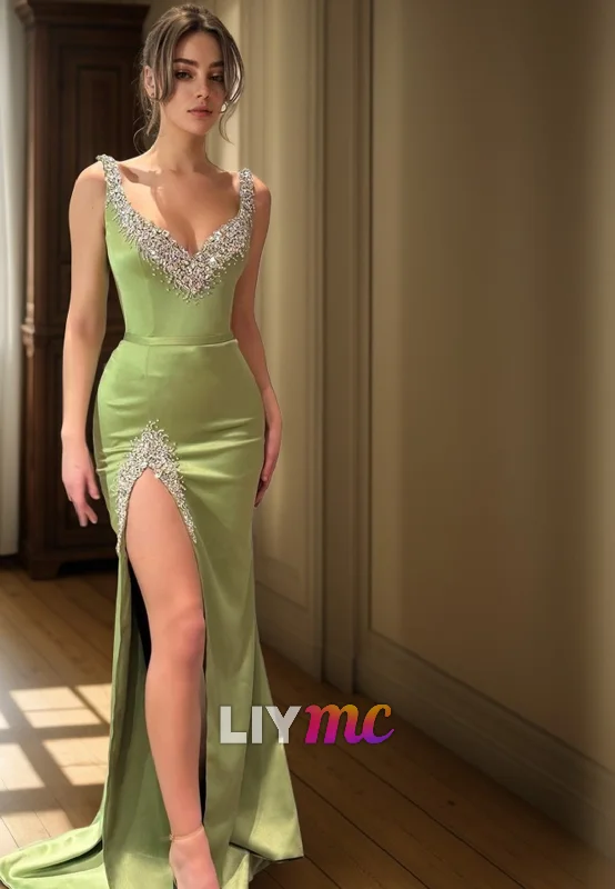 LP2271 - V-Neck Sleeveless Beaded High Slit Sleek Satin Sheath Prom Dress