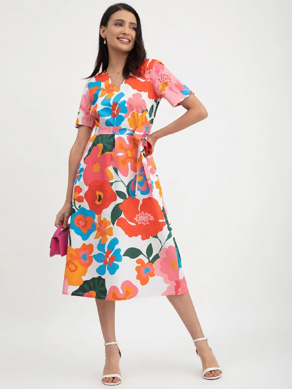 Cotton Satin Floral Print Dress - Multicolour