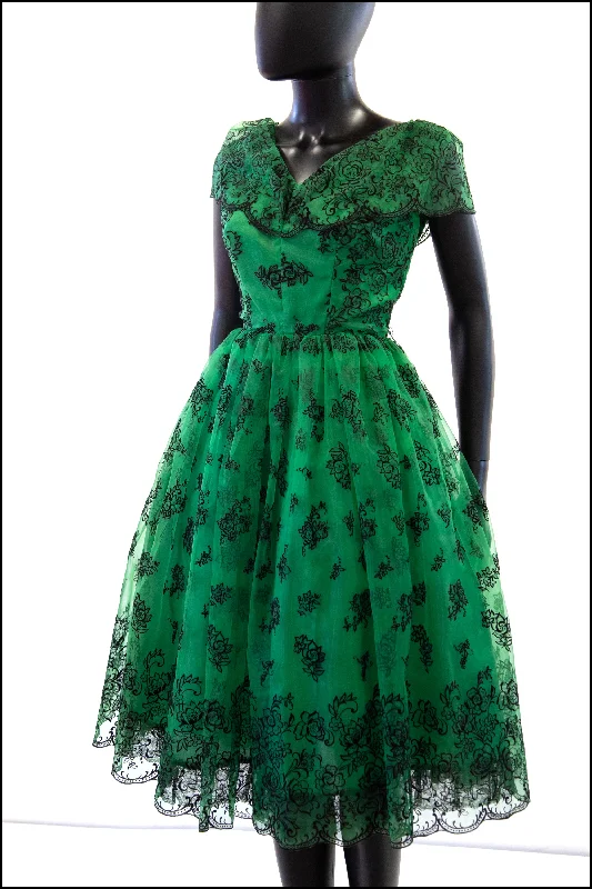 Vintage 1950s Green Flocked Cocktail Dress