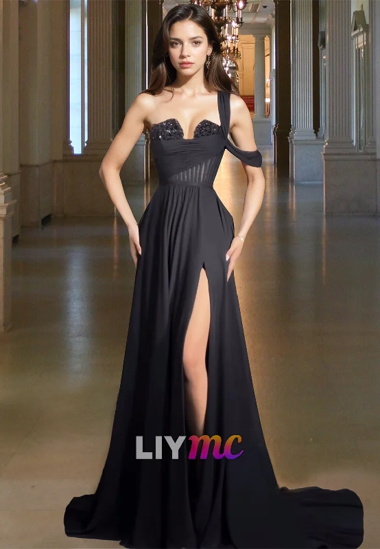 One Shoulder Sleeveless Side Slit Pleated A-Line Prom Dress