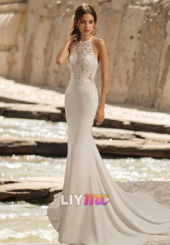 Halter Sleeveless Lace Appliques Sleek Mermaid Boho Wedding Dress