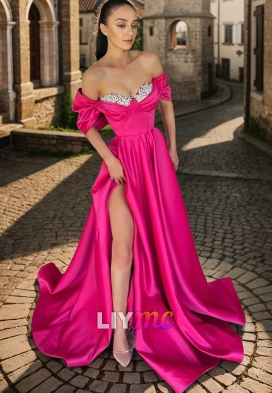 LP868 - A Line Off Shoulder Beads Pink Long Formal Prom Dress with Slit