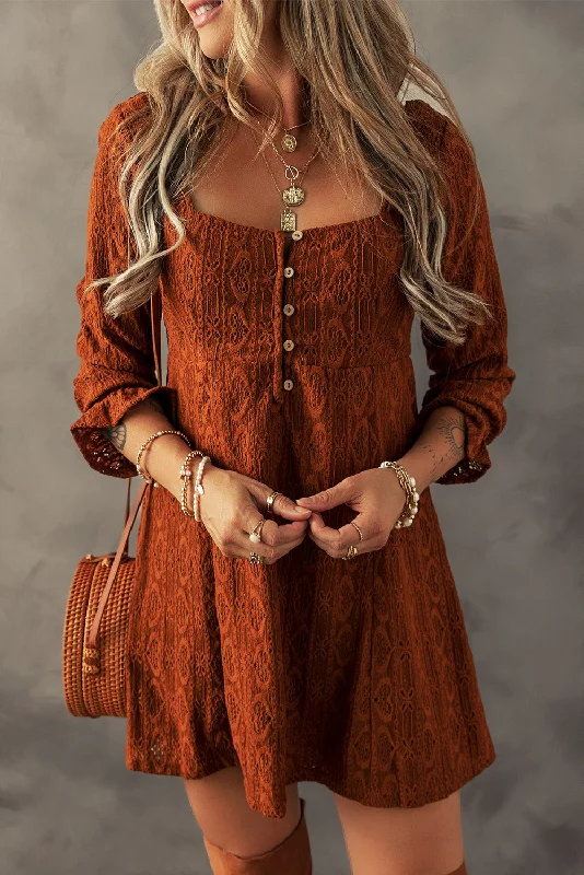 Chestnut Lace Crochet Buttoned Square Neck Mini Dress