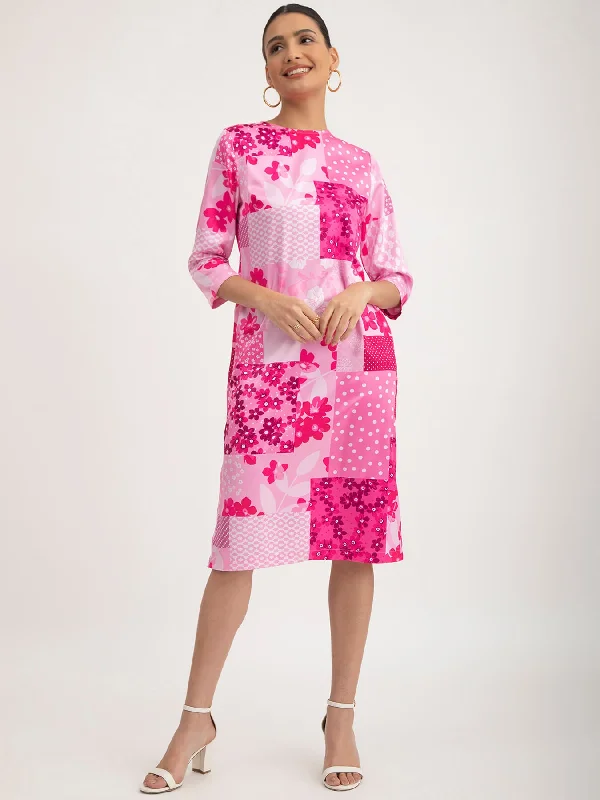 Satin Floral Print Dress - Pink