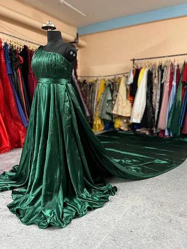 G456, Bottle Green Satin Slit cut Pre Wedding Shoot Long Trail Gown, Size (All)pp