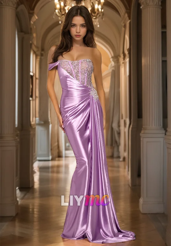 Sweetheart Sleeveless Beaded Ruched Pleated Mermaid Prom Dress