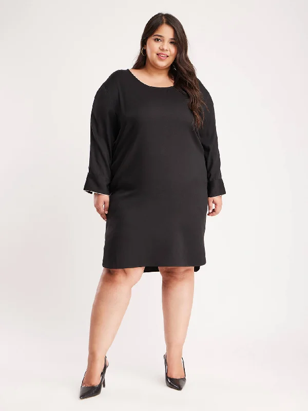 Drop Shoulder Shift Dress - Black